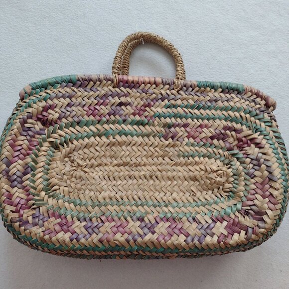 Straw Tote Bag Medium Natural Purple Green Handwoven Shopping Tote - Picture 1 of 9